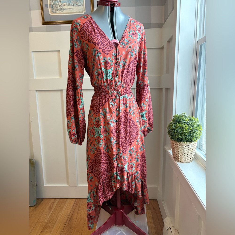 Wrangler Rust Red Paisley Long Sleeve Midi Dress